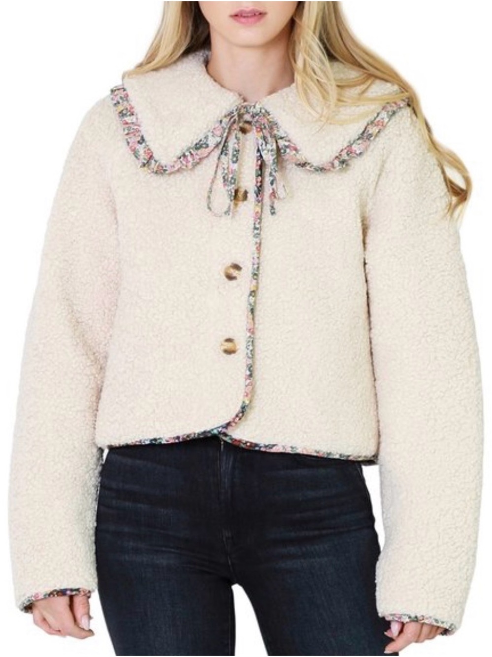 MABLE Sherpa Jacket with Floral Trim